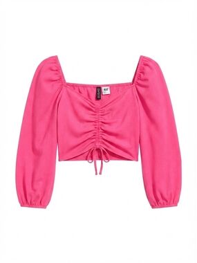 Divided Hot Pink Ruched Square-Neck Cropped Top with Puff Sleeves